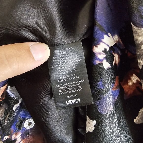 Sam Edelman Faux Vegan Leather Moto Jacket Floral Size Small Black Pink Blue - Picture 8 of 9